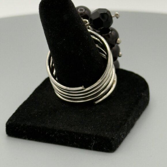 Multi-Band Silver Ring With Black Bead Cluster - Picture 4 of 9
